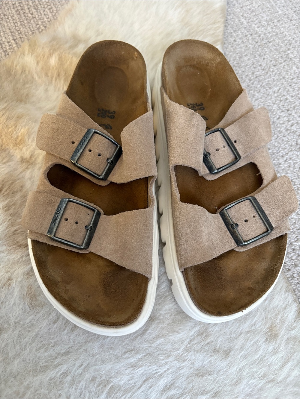 Birkenstock Papillio Platform Two-Buckle Suede Sandals in Tan with White Sole